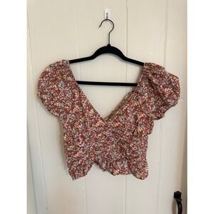 Sim and Sam Floral V-Neck Smocked Crop Top Burgundy Ditsy Print Short Sleeve
